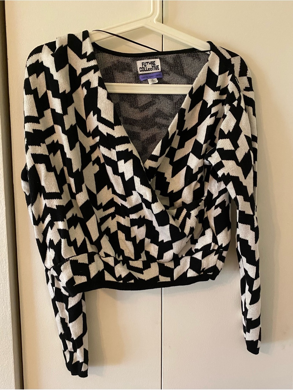 Future Collective Black & White V-Neck Geometric Knit Sweater